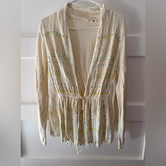 Moth by Anthropologie Lazuli Linen blended Crochet Embroidered Tie Front Cardi - Picture 6 of 15